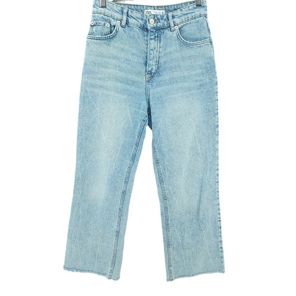 ZARA High-Rise Straight Blue Jeans Raw Hem Button Fly